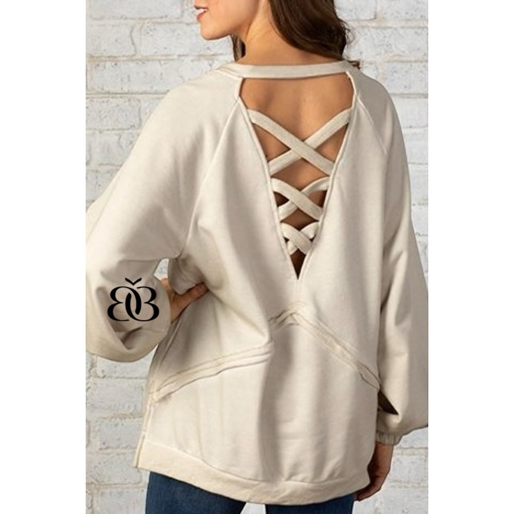 POL Cream Criss Cross Back Slouchy French Terry Pullover